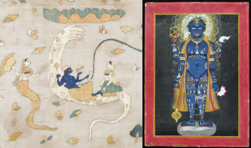 Representations of Vishnu. Left: Ceremonial Cover (Rumal): Vishnu on the Cosmic Ocean, late 18th or early 19th century, cotton plain weave with silk embroidery, made in Chamba, Himachal Pradesh, India (Philadelphia Museum of Art); right: Vishnu as Vishvarupa (cosmic or universal man), c. 1800–20, watercolour on paper, early 19th century, Jaipur, India (V & A)