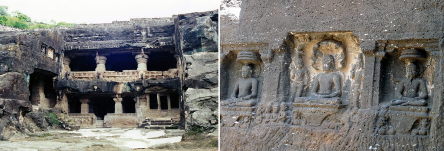 Left: Cave 33 complex, upper veranda begun c. 7th or early 8th century, Ellora; right: Jina images in Cave 33 complex, c. 7th or early 8th century, Ellora (photos: Lisa N. Owen