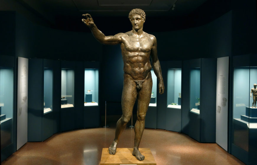 Example of original Greek bronze sculpture, Antikythera Youth, 340–330 B.C.E., bronze, 1.96 m high (National Archaeological Museum, Athens, photo: Steven Zucker, CC BY-NC-SA 2.0)