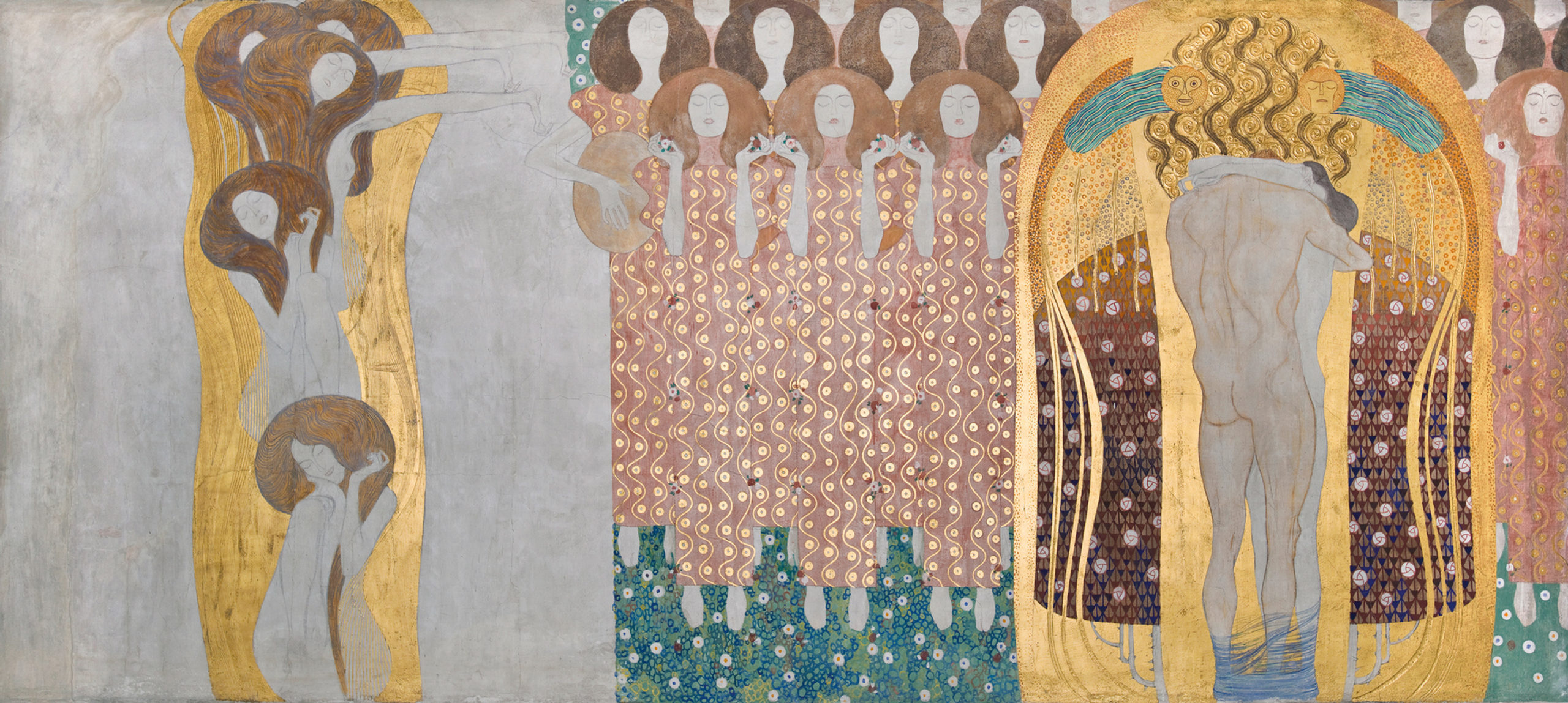 Gustav Klimt, Beethoven Frieze detail “Ode to joy”, 1901, casein, color, gold leaf, semi-precious stone, mother-of-pearl, plaster, charcoal and pencil on lime plaster, 215 x 481 cm, Secession Building, Vienna