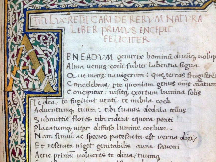The beginning of a manuscript of Lucretius' De Rerum Natura. This manuscript was created in 1563 in Paris (University of Cambridge)