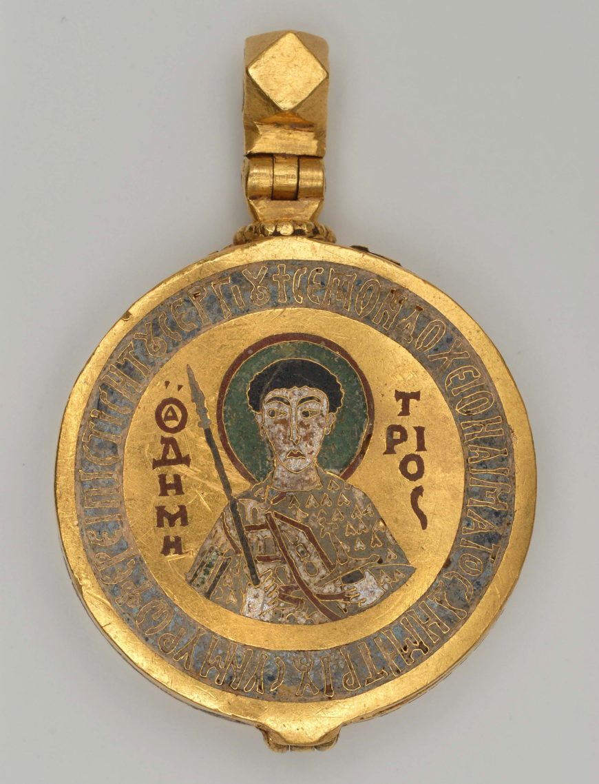 Reliquary of St. Demetrios, middle Byzantine, early 13th century, enamel on gold, c. 4 cm x 3 cm x 1 cm (<a href="http://museum.doaks.org/objects-1/info/27463">Dumbarton Oaks</a>)