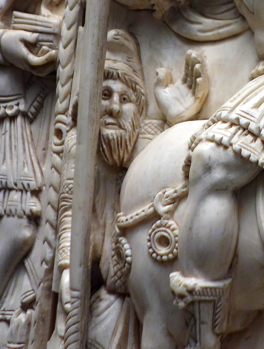 Detail of figure in Persian garb, Barberini Ivory, Constantinople (?), 525–550, ivory, ca. 34 x 19 x 3 cm (photo: <a href="https://flic.kr/p/MJqYwy">Steven Zucker</a>, CC BY-NC-SA 2.0)