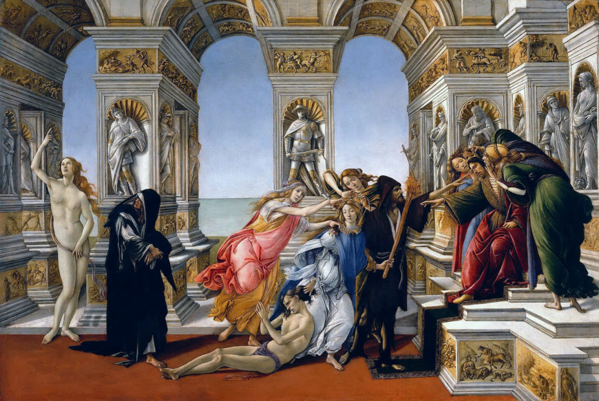 Botticelli, Calumny of Apelles, tempera on panel, 1494-95. 62 x 91 cm (Galleria degli Uffizi, Florence)