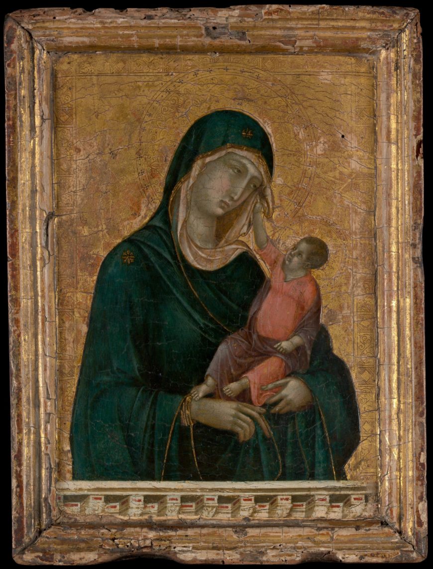 Duccio di Buoninsegna, Madonna and Child, c. 1290–1300, tempera and gold on wood, 27.9 x 21 cm (<a href="https://www.metmuseum.org/art/collection/search/438754">The Metropolitan Museum of Art</a>)
