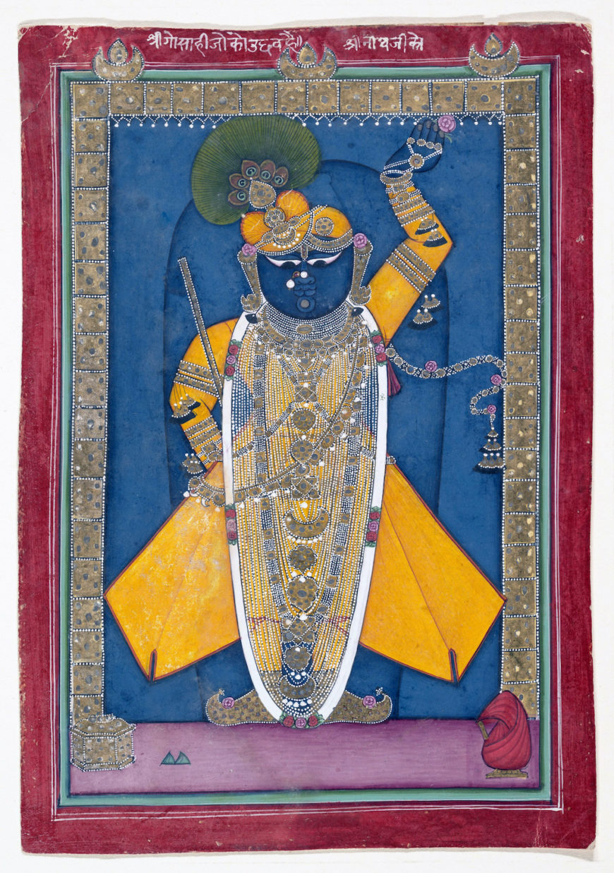 Krishna in the Form of Shri Nathji, c. 1840, opaque watercolor and gold on paper, India (Rajasthan, Mewar, Nathdwara), 21.9 x 15.2 cm (The Metropolitan Museum of Art)