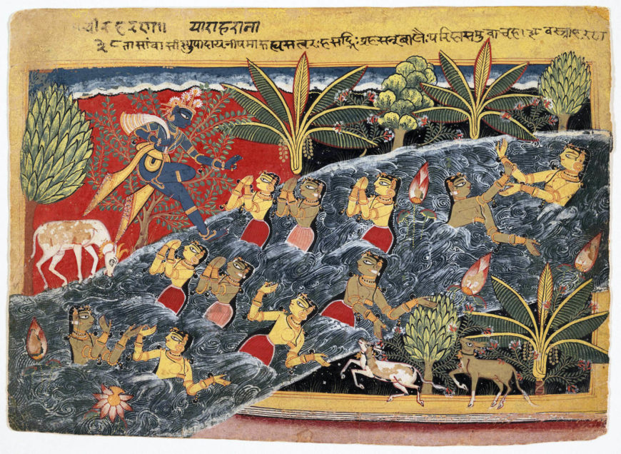Master of the "Isarda" Bhagavata Purana, The Gopis Plead with Krishna to Return Their Clothing: Folio from "Isarda" Bhagavata Purana, c. 1560–65, opaque watercolor and ink on paper, North India (Delhi -Agra area), 18.7 × 25.7 cm (The Metropolitan Museum of Art)