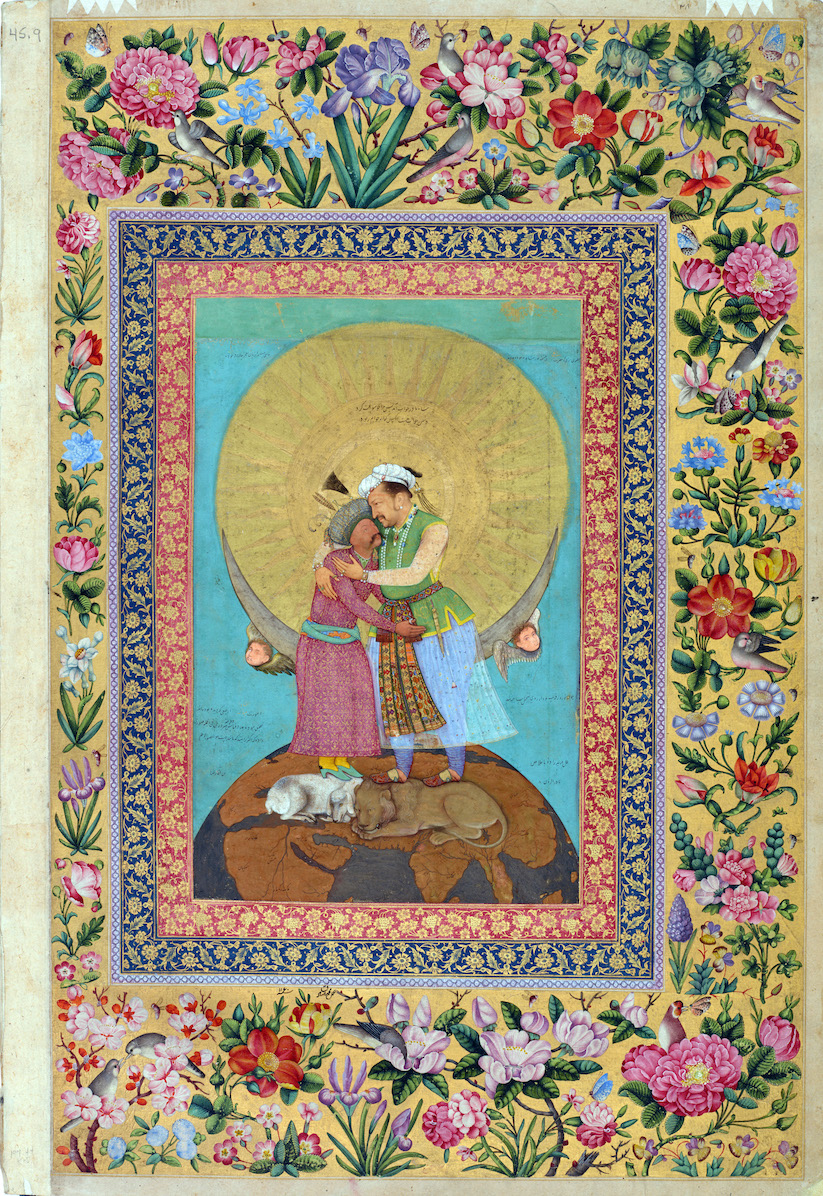 Abu'l Hasan, with borders by Muhammad Sadiq, Allegorical representation of Emperor Jahangir and Shah Abbas of Persia from the St. Petersburg Album, c. 1618, Mughal dynasty, opaque watercolor, ink, silver and gold on paper, 23.8 x 15.4 cm (National Museum of Asian Art)
