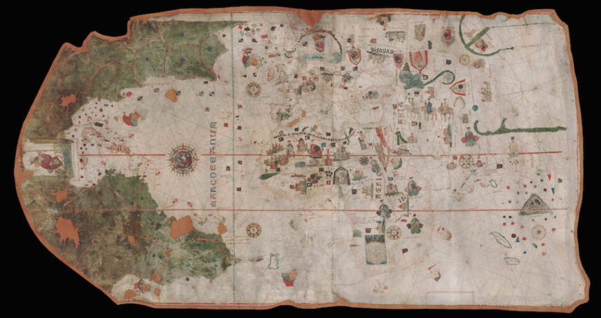 Juan de la Cosa, World Map, rotated to place north at the top, c. 1500, Museo Naval de Madrid and Biblioteca Virtual del Ministerio de Defensa
