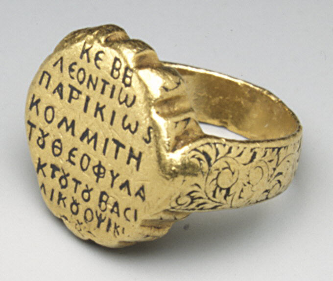 Ring of Leontios, Middle Byzantine, ca. 1000, gold and niello, c. 2 × 2 × 2 cm (<a href="https://www.metmuseum.org/art/collection/search/466087">The Metropolitan Museum of Art</a>)