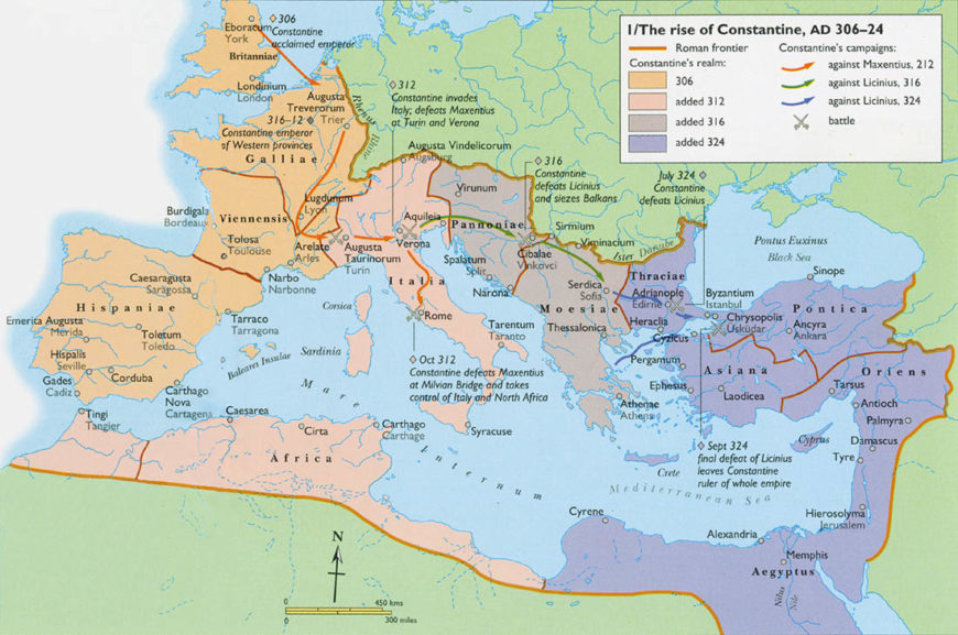 Map showing the extent of the Roman-Byzantine Empire at the apex of Constantine I’s rule in the early fourth century, when it stretched from Britain in the northwest to Egypt in the southeast (<a href="https://commons.wikimedia.org/wiki/File:Map_of_empire.jpg">Wikimedia Commons</a>, CC BY-SA 4.0)