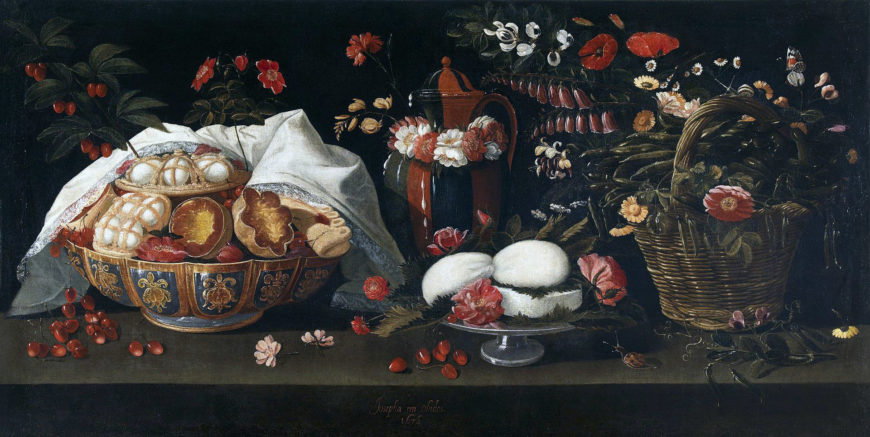 Josefa de Ayala, Still Life with Flowers and Sweets, 1676, oil on canvas, 85 x 169.5 cm (Santarém Municipal Museum)