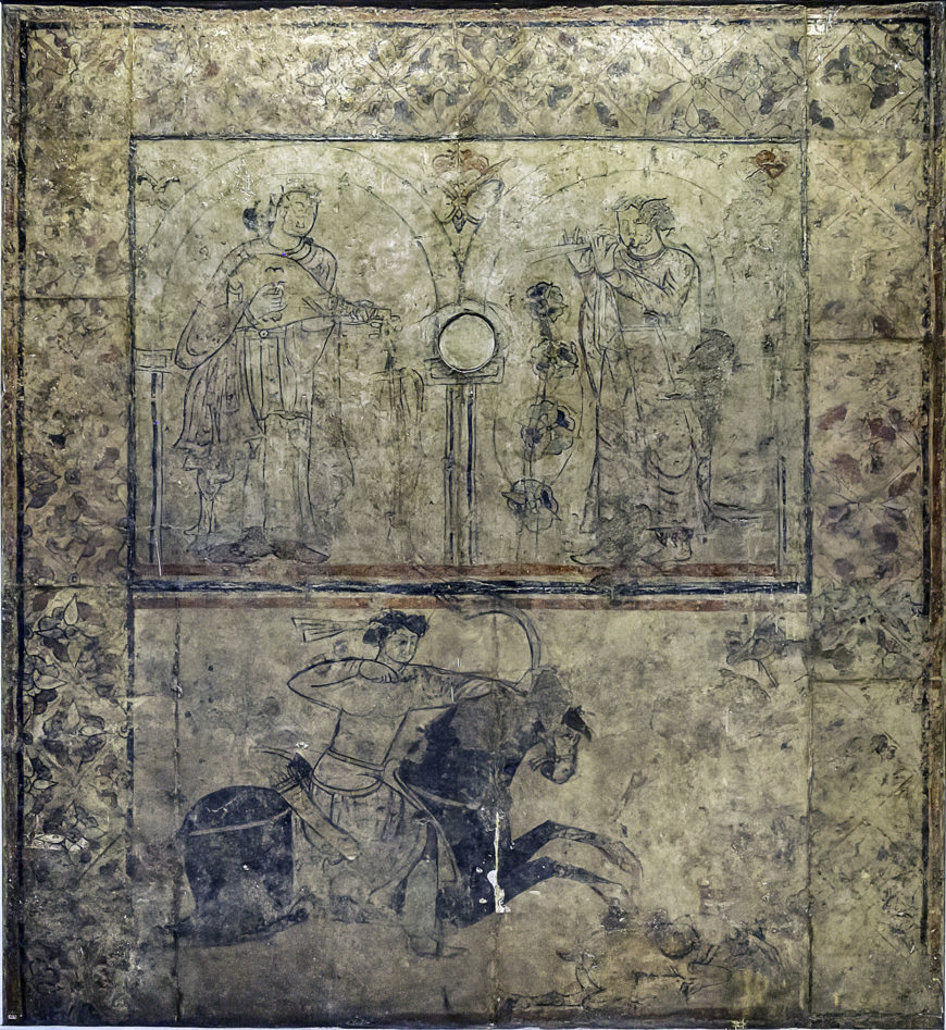Musicians and a hunter on horseback, floor panel found at Qasr al-Hayr al-Gharbi, Syria, 727 displayed in the National Museum, Damascus 