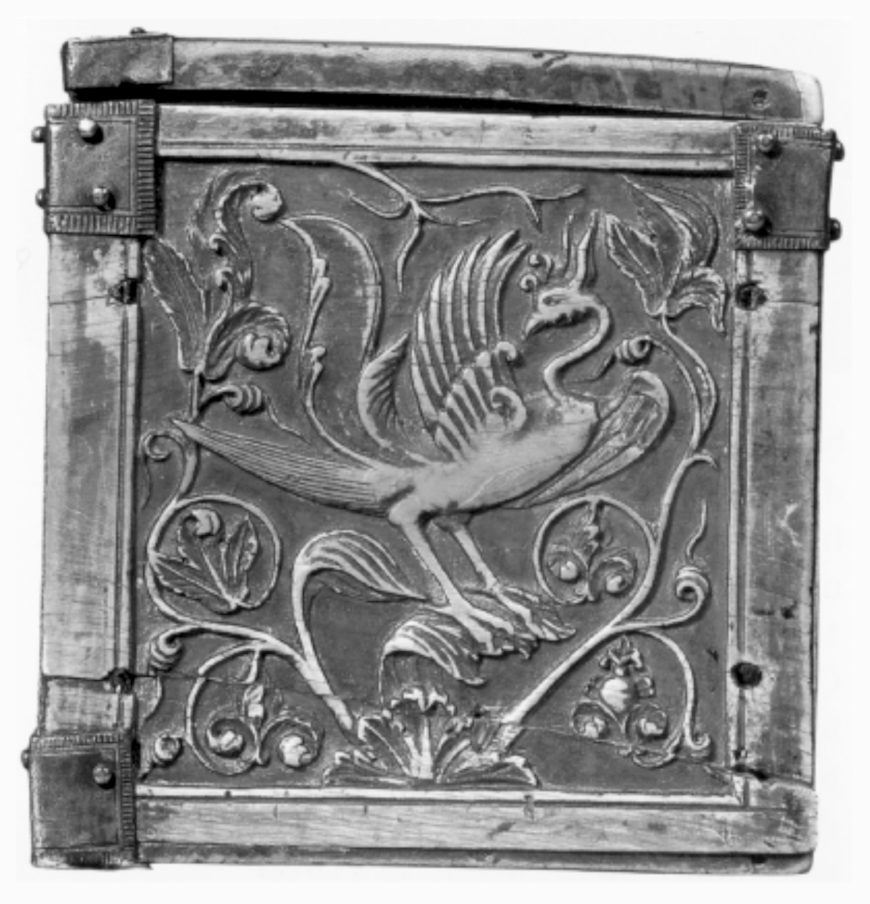 Chinese <em>feng huang</em> bird (end panel), Troyes Casket, middle Byzantine, Constantinople (?), ivory and purple pigment, 13 x 26 x 13 cm, Cathedral Treasury, Troyes France