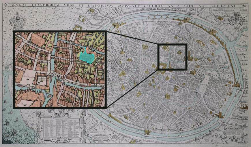 Gerard was a member of the painters' guild. Underlying map: Marcus Gerards, Map of Bruges, 1562, etching on 10 plates, 100 x 177 cm (Groeningemuseum); inset map: from MAGIS Brugge