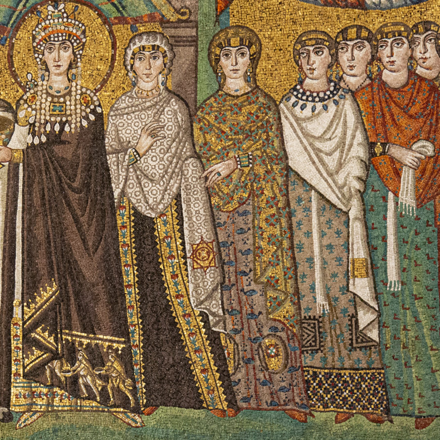 Detail of the wall mosaic depicting the attendants of empress Theodora’s wearing luxury silk garments of diverse designs, 540s, San Vitale, Ravenna (photo: <a href="https://flic.kr/p/2m67UL3">byzantologist</a>, CC BY-NC-SA 2.0)