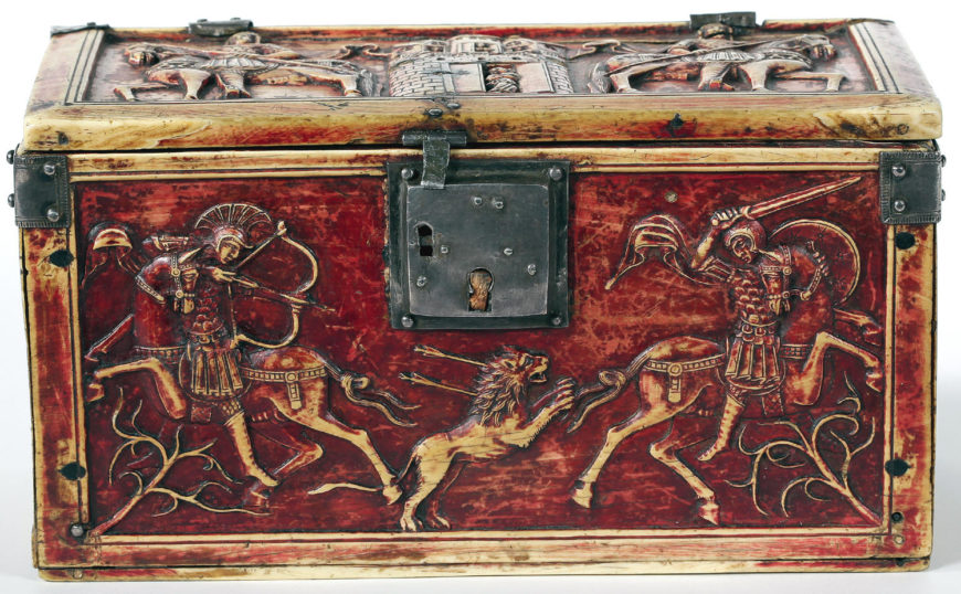 Scene of an imperial lion hunt, front panel of the Troyes Casket, Middle Byzantine, Constantinople (?), ivory and purple pigment, 13 x 26 x 13 cm, Cathedral Treasury, Troyes France.