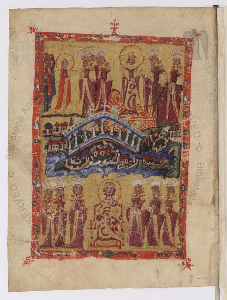 A foreign bride (with a red-outlined halo) arrives in simple attire (upper left corner) at Constantinople (depicted in the middleground); she is subsequently transformed into a Byzantine princess through changes in her garments (as depicted in the upper right, where she is received by women of the imperial court, and the lower center, where she is enthroned). Vatican City, Vatican Library, cod. Gr. 1851, Fol. 3v.