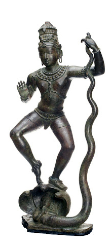Krishna Dancing On Kaliya (Kaliyamarddaka Krishna), late 10th-early 11th century, copper alloy, India, Tamil Nadu, 87.6 x 35 x 26 cm (Asia Society, New York)