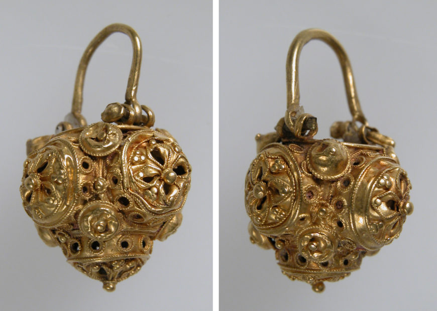 Pair of Basket Earrings, middle Byzantine, 10th–11th century, gold, c. 3 x 2 x 2 cm (<a href="https://www.metmuseum.org/art/collection/search/465948">The Metropolitan Museum of Art</a>)