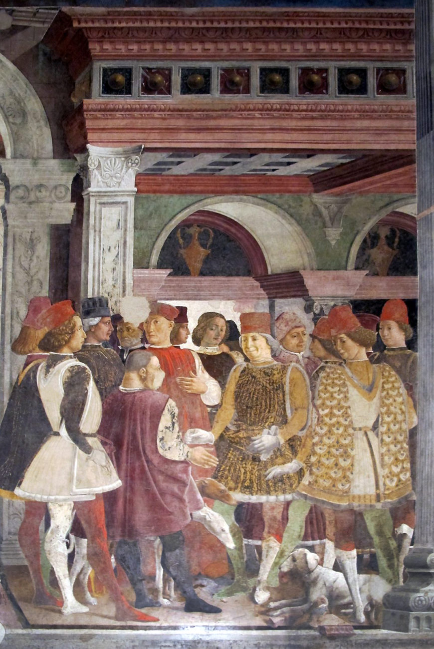 Francesco del Cossa, Cosme Tura, and Ercole de’ Roberti, detail of Duke Borso and court, 1469–70, Salone dei Mesi, Palazzo Schifanoia, Ferrara, Italy (photo: Sailko, CC BY-SA 3.0)
