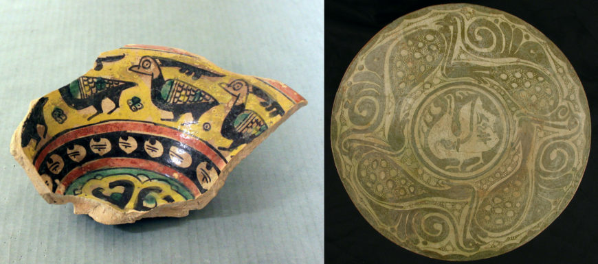 Left: fragment of a bowl, 9th–10th century, earthenware; buff slip, decoration in black with touches of red, green and bright yellow, attributed to Iran, Nishapur, 9 cm high (The Metropolitan Museum of Art); right: bowl, 10th century, attributed to Iran, Nishapur, earthenware; white slip, slip decoration in green luster, 11.7 cm high and 36.8 cm in diameter (The Metropolitan Museum of Art)