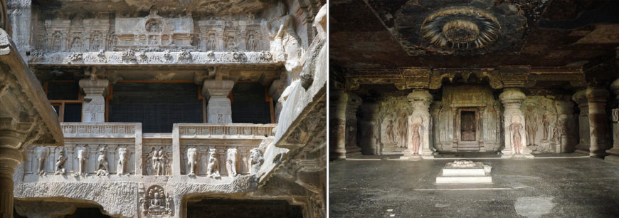 Cave 32 (Indra Sabha), c. 9th century (left photo: Jean-Pierre Dalbéra, CC BY 2.0; right photo: Steve Silberman, CC BY-NC-ND 2.0)