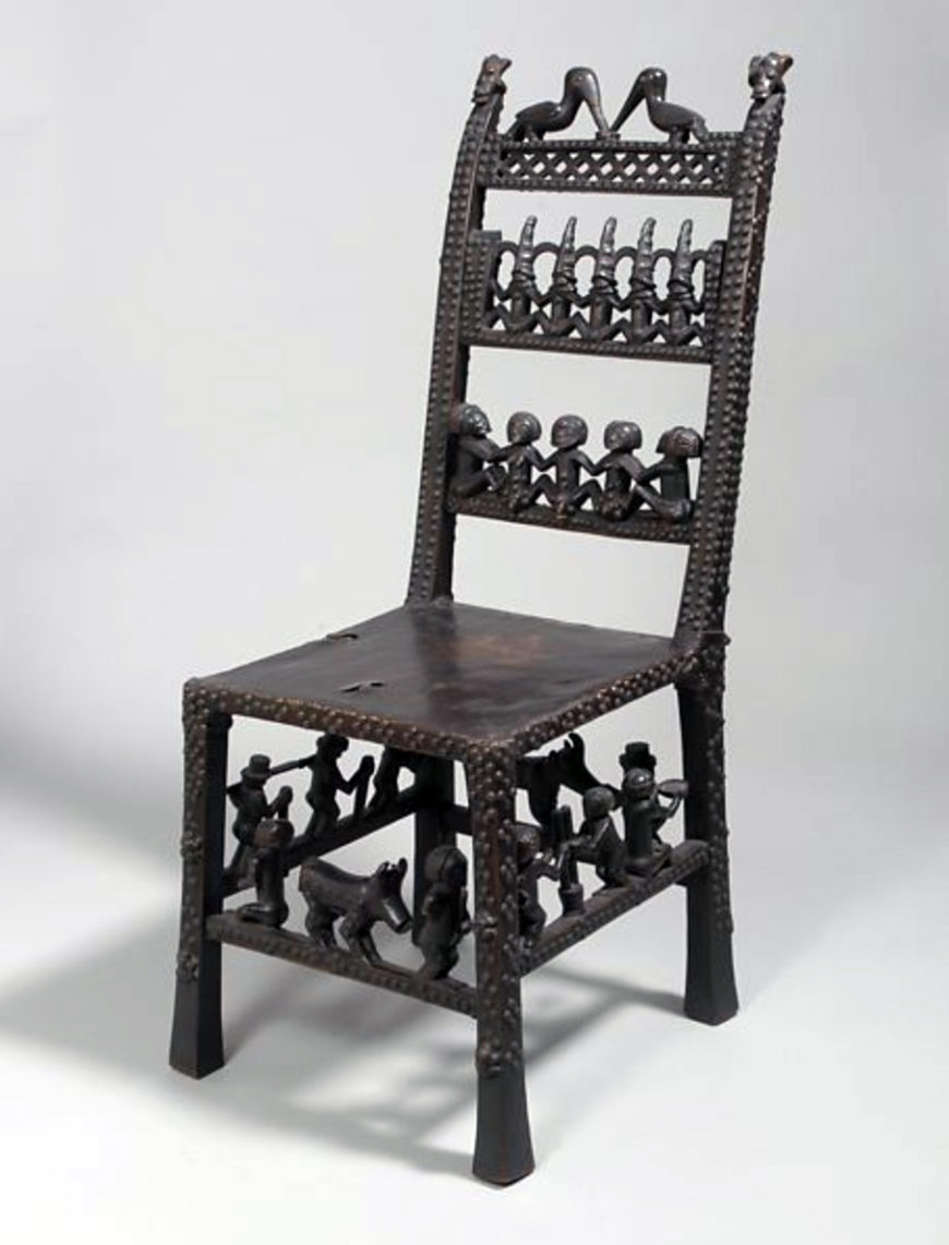 Chair: Rungs with Figurative Scenes (Ngundja), Chokwe peoples, 19th–20th century, wood, brass tacks, leather, Angola, 99.1 × 43.2 × 61.6 cm (The Metropolitan Museum of Art)