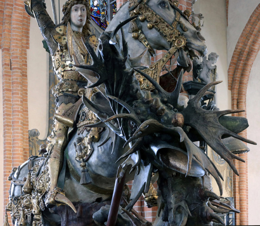 Detail of the dragon with antlers added, St. George and the Dragon, Storkyrkan Stockholm, c. 1490 (photo: Laura Tillery)