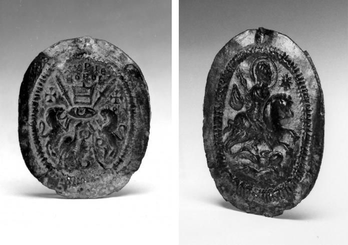 Amulet with the Evil Eye (attacked by weapons and animals) and the Holy Rider (who spears the female demon Gyllou), early Byzantine, 5th–6th century, bronze, 2 x 5 cm (photo: <a href="https://art.thewalters.org/detail/27029/amulet-with-the-evil-eye-and-the-holy-rider/">The Walters Art Museum</a>, CC0)