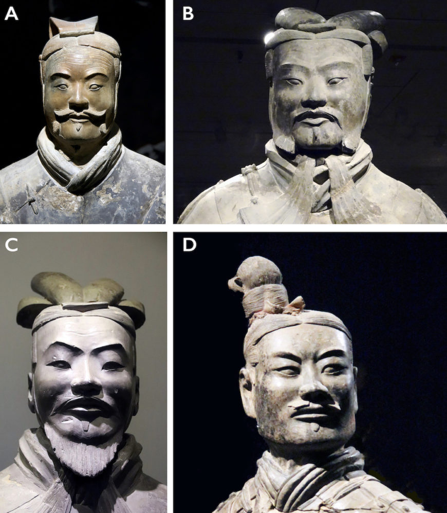 Four faces of different terracotta warriors