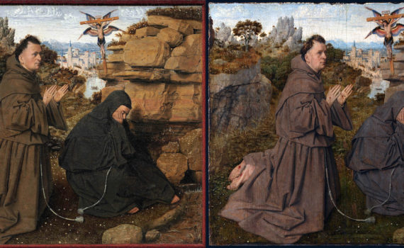 Two versions of Jan van Eyck, St. Francis Receiving the Stigmata, 1430-1432. Left: oil on vellum on panel, 12.7 × 14.6 cm (Philadelphia Museum of Art); right: oil on panel, 29.3 × 33.4 cm (Sabauda Gallery, Turin)