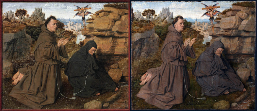 Two versions of Jan van Eyck, St. Francis Receiving the Stigmata, 1430-1432. Left: oil on vellum on panel, 12.7 × 14.6 cm (Philadelphia Museum of Art); right: oil on panel, 29.3 × 33.4 cm (Sabauda Gallery, Turin)