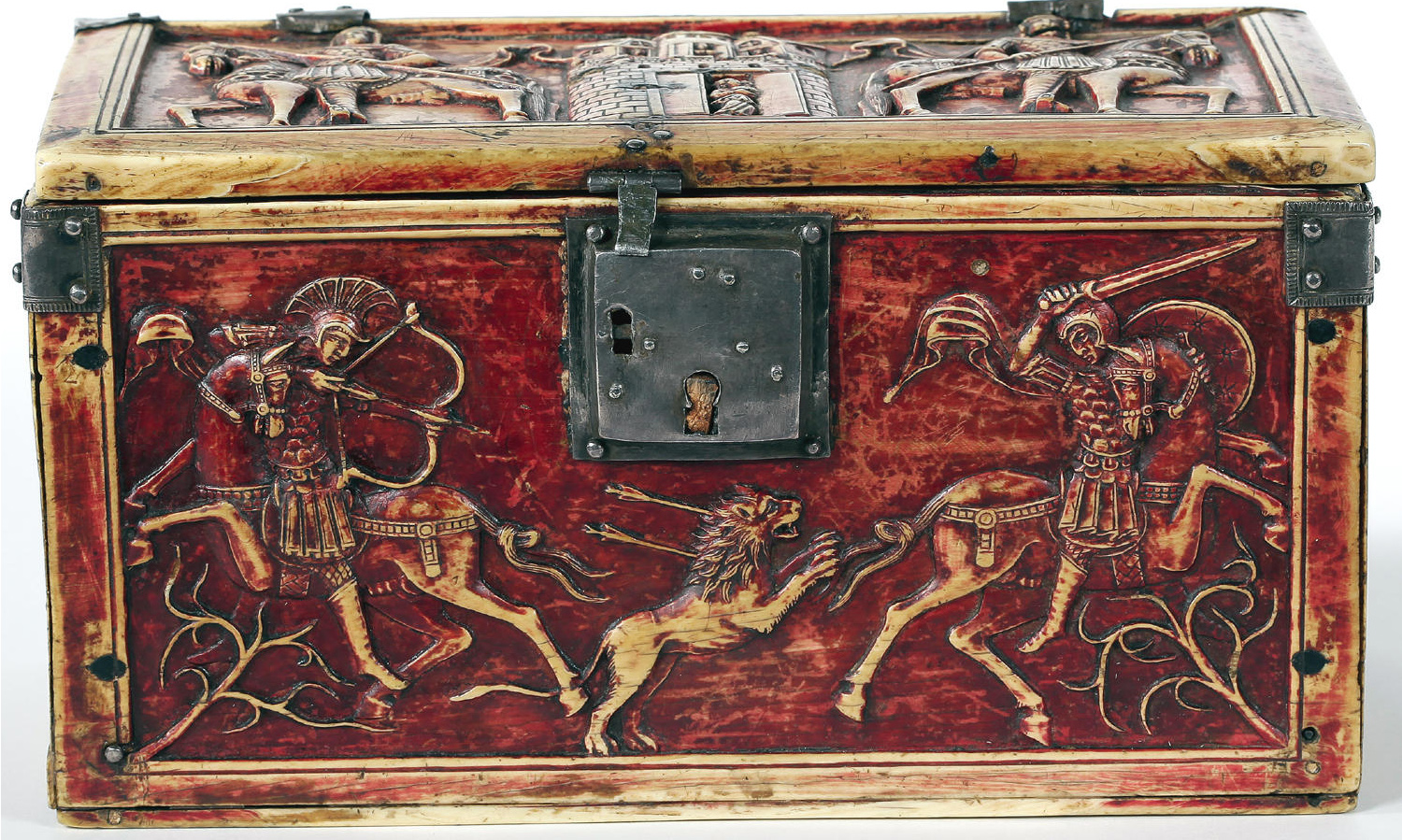 Scene of an imperial lion hunt, front panel of the Troyes Casket, Middle Byzantine, Constantinople (?), ivory and purple pigment, 13 x 26 x 13 cm (Cathedral Treasury, Troyes, France)