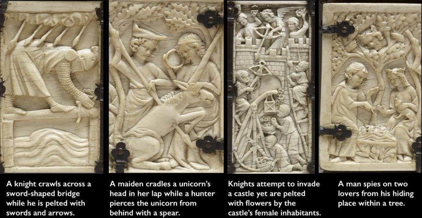 Detail, Casket with Scenes of Romances, c. 1330–50, ivory, modern iron mounts, France, 11.8 x 25.2 x 12.9 cm (The Walters)