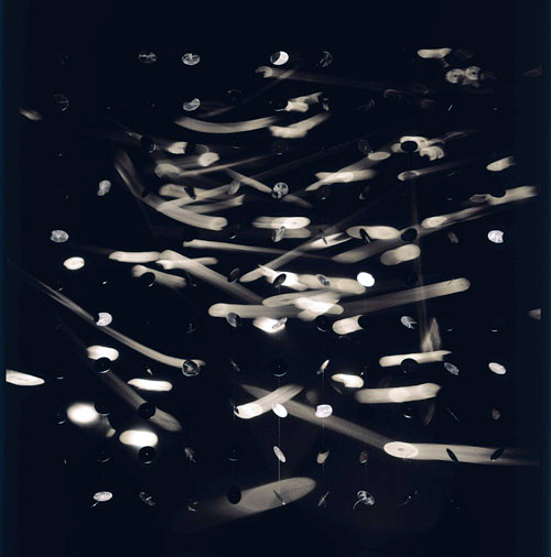 Julio Le Parc. Continuel-lumière – Mobile, 1960/1966. Painted wood, painted metal, 121 round stainless steel disks, nylon thread and lights, 217 x 200 x 20.5 cm
