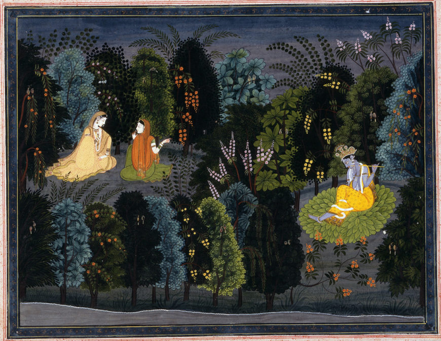 Companion Persuading Radha as Krishna Flutes, Folio from the "Lambagraon" Gita Govinda (Song of the Cowherd), circa 1825, opaque watercolor and gold on paper, India, Himachal Pradesh, Kangra, 27.30 x 34.92 cm (LACMA)