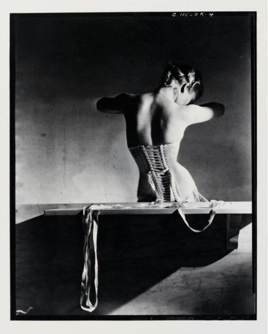 Horst P. Horst, Mainbocher Corset, modeled by Madame Bernon, photographed Aug. 15, 1939, gelatin silver print, published in American Vogue (Sept. 15, 1939), pg.19; published in French Vogue Dec. 1939 (Victoria and Albert Museum)