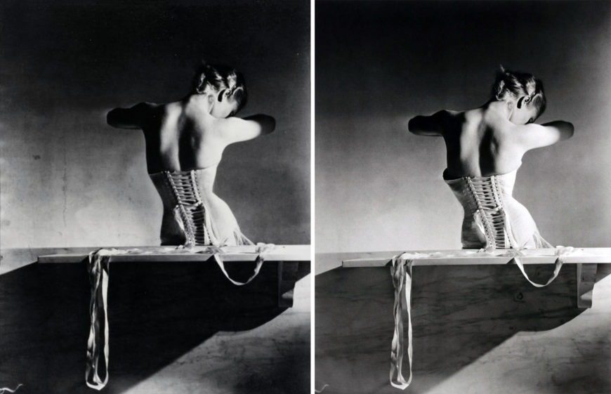 Left: Horst P. Horst, Mainbocher Corset, modeled by Madame Bernon, photographed Aug. 15, 1939, gelatin silver print, published version with retouchings; right: Horst P. Horst, Mainbocher Corset, modeled by Madame Bernon, photographed Aug. 15, 1939, gelatin silver print, published in American Vogue (Sept. 15, 1939), pg.19; published in French Vogue Dec. 1939 (Victoria and Albert Museum)