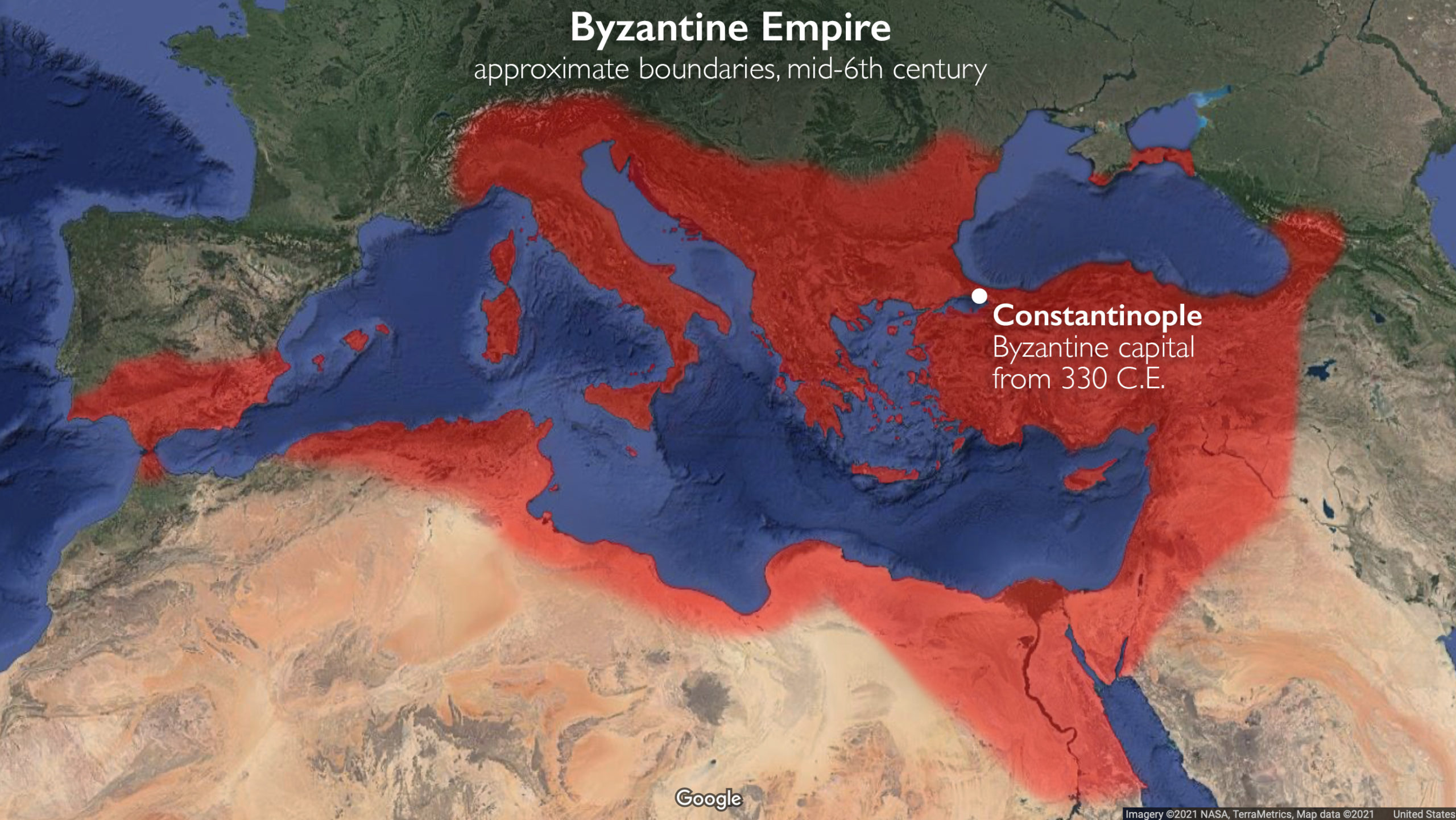 Map of Byzantine Empire, approximate boundaries, mid-6th c. (underlying map © Google)