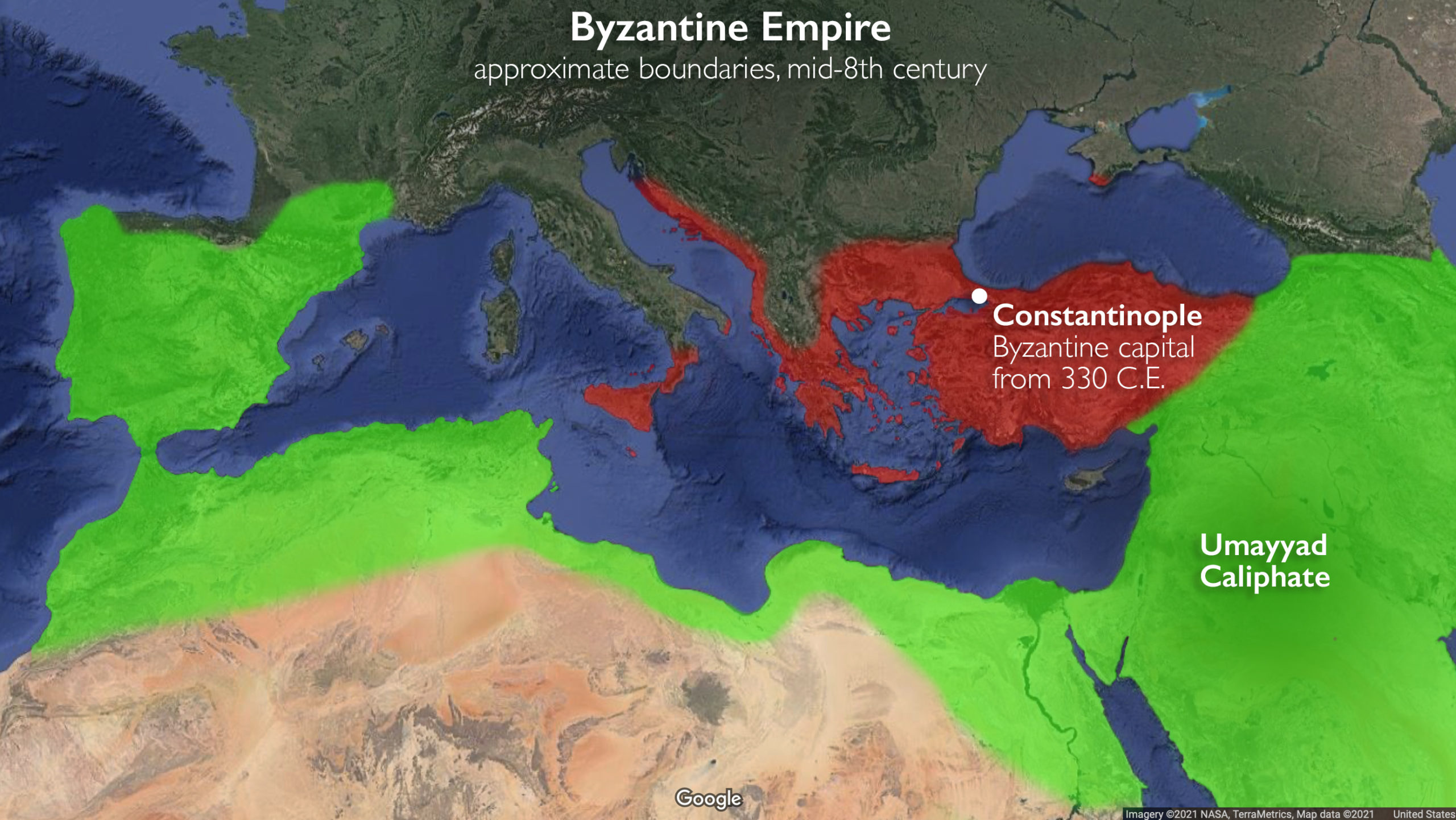 Map of Byzantine Empire, approximate boundaries, mid-8th c. (underlying map © Google)