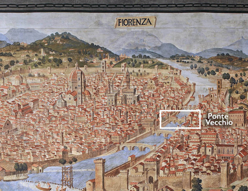 Detail of Veduta della catena (chain map) of Florence, c. 1471–72, attributed to Francesco and Raffaello Petrini, etching, 1.25 x 1.38 m (Palazzo Vecchio, Florence)