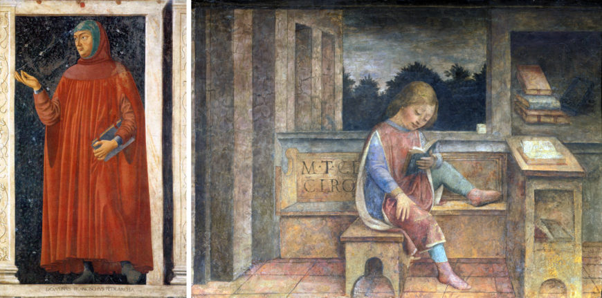 Left: Andrea del Castagno, Francesco Petrach, c. 1450, fresco on wood, 247 x 153 cm (Uffizi, Florence); right: Vicenzo Foppa, The Young Cicero Reaading, c. 1464, fresco, 101.6 x 143.7 cm (Wallace Collection)