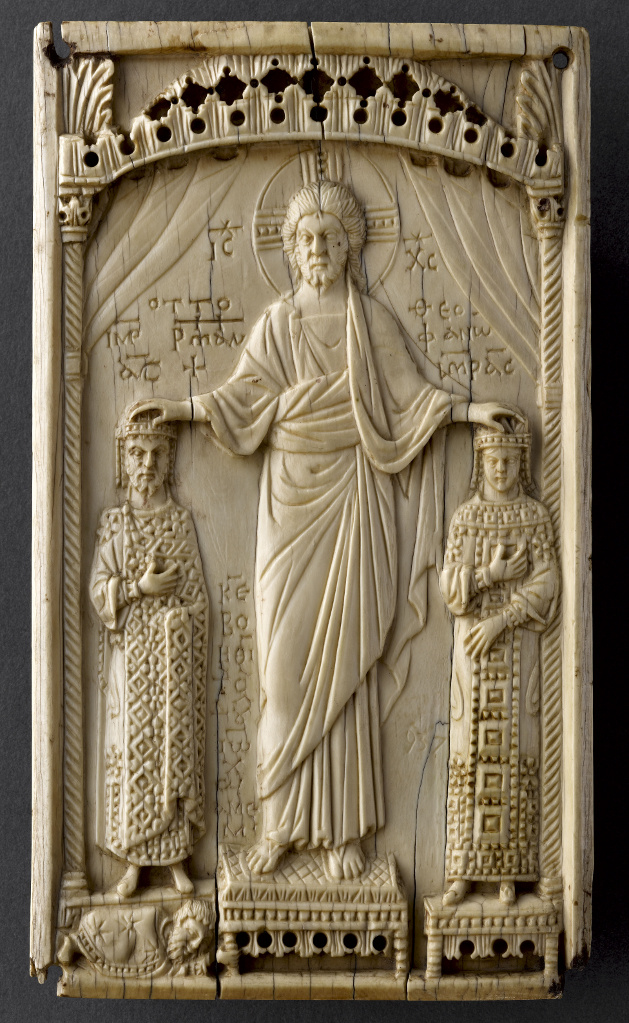 Otto II and Theophano crowned by Christ, Byzantine-Ottonian, 982-983, ivory, ca. 19 x 11 x 1 cm (Musée de Cluny)