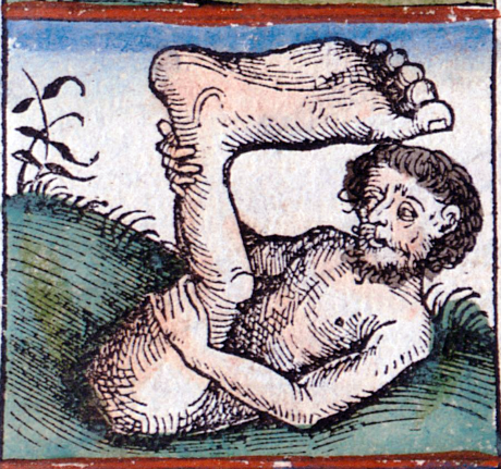 Sciapod (or “unipedes”), woodcut printed in the Nuremberg Chronicle, 1493, pp.12. Bavarian State Library