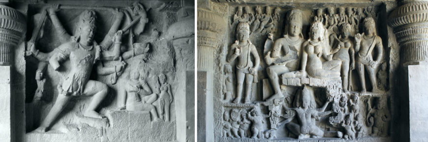 Shiva destroying the demon Andhaka (left), andShiva subduing Ravana as he shakes Mt. Kailasa (right), Cave 29, c. mid-6th century, Ellora (Photos: left: Shriram Rajagopalan, right: Arian Zwegers, both CC BY 2.0)