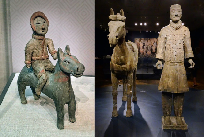 Horsemen, painted earthenware, third century BCE; H: 23.5 cm, L: 17.5 cm. Unearthed at Tomb 2, Steel Factory, Xianyang, Shaanxi Province (left), cavalryman and horse from Pit 2 of the tomb of the First Emperor (right)