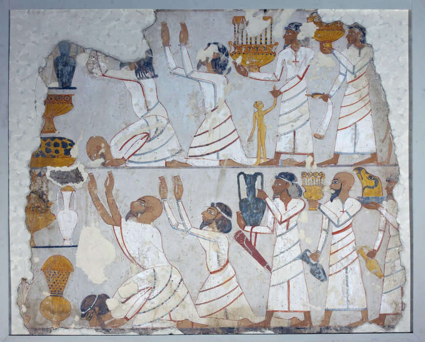 Scene of Asiatic tribute-bearers in two registers., and visitor graffito on left edge. Wall-painting, probably from the tomb of Sobekhotep, Thebes, c. 1400 B.C.E., New Kingdom, reign of Thutmose IV, painted stucco, 60 x 58.5 (© Trustees of the British Museum)