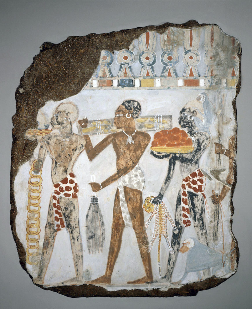 Part of tomb wall: showing Nubians bringing tribute from the south to Pharaoh. Wall-painting, probably from the tomb of Sobekhotep, Thebes, c. 1400 B.C.E., New Kingdom, reign of Thutmose IV, painted stucco, 60 x 58.5 (© Trustees of the British Museum)