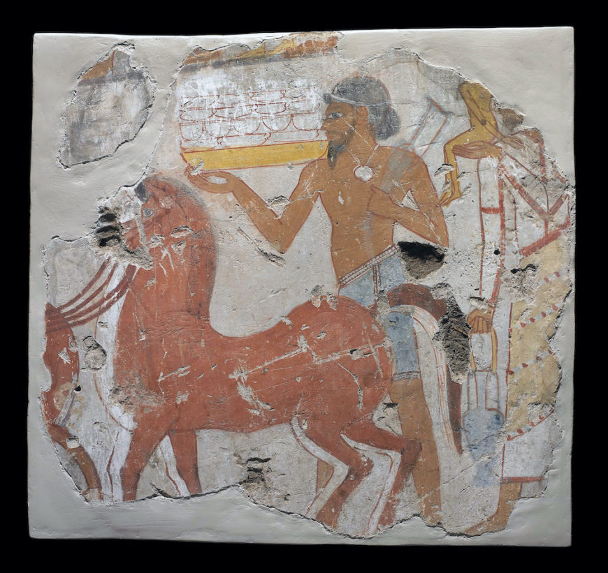 Wall-painting on stucco and mud; Asiatic tribute-bearers. Probably from the tomb of Sobekhotep, Thebes, c. 1400 B.C.E., New Kingdom, reign of Thutmose IV, painted stucco, 60 x 58.5